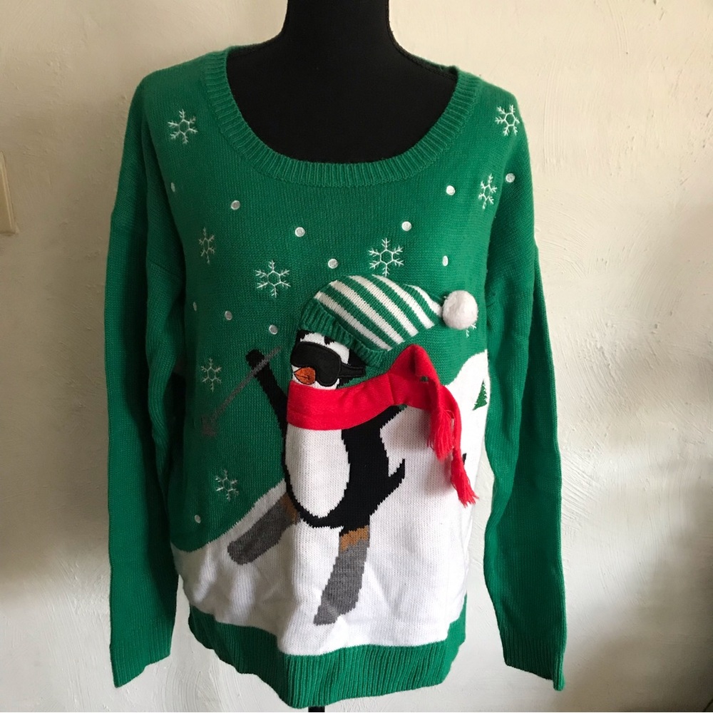 Womens Green Penguin Ugly Christmas Pullover Sweater Size XL